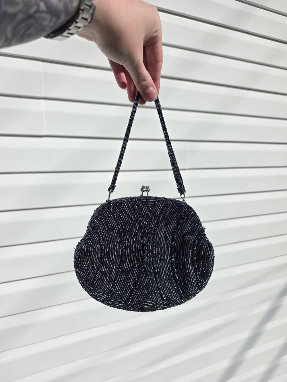 Black Beaded Evening Bag - Elegant Handheld Clutch